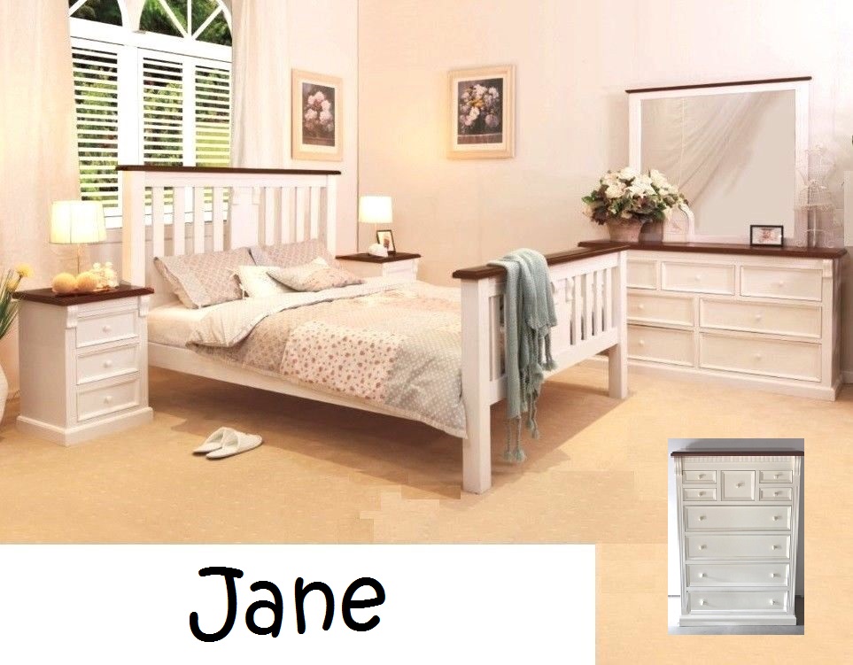 jane timber king bedroom suite bed frame 2 x bedside chest in off white